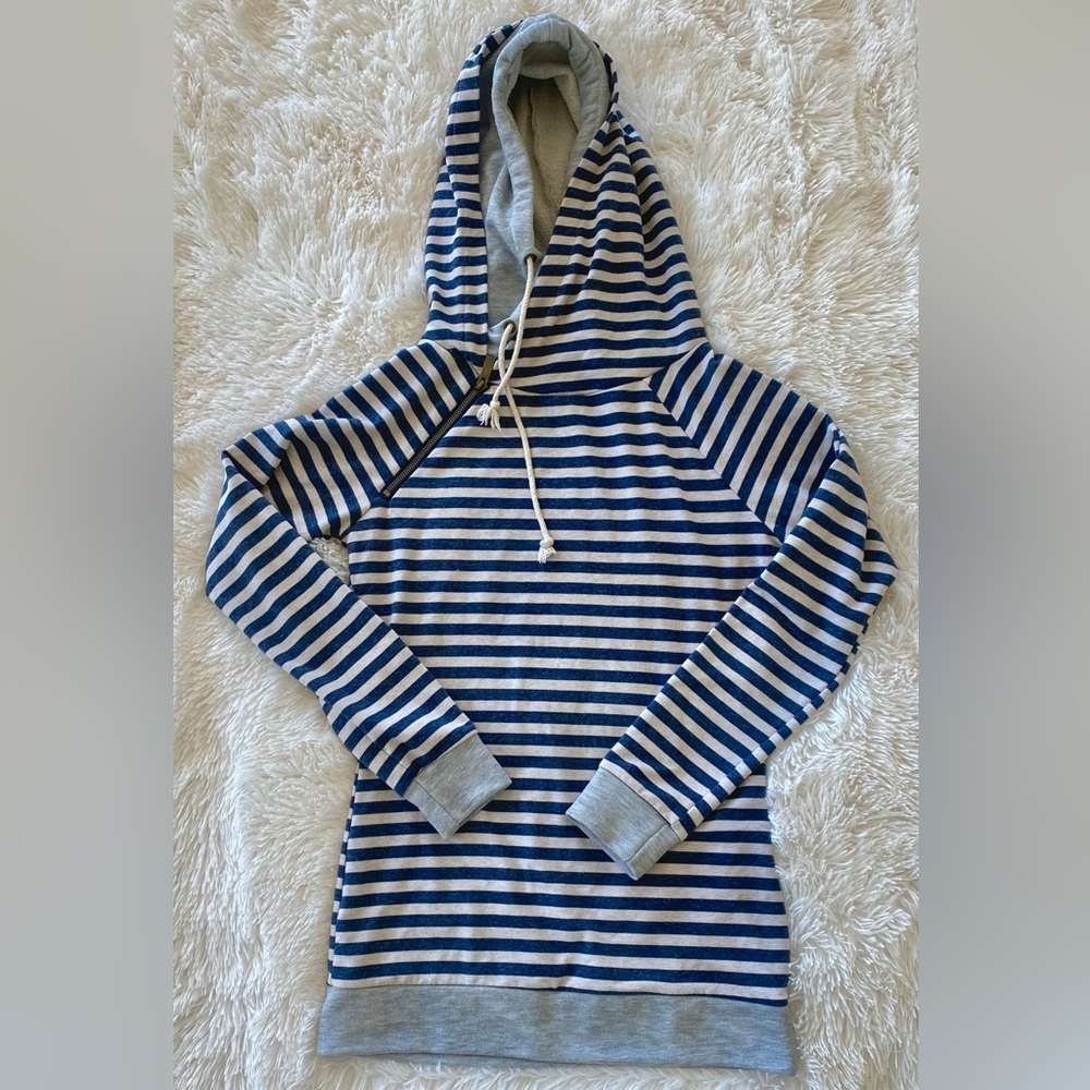 Ampersand Ave double hood navy and white stripe sweatshirt